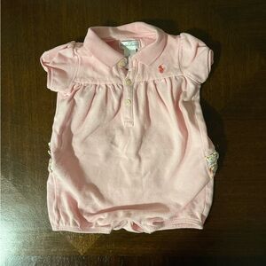 Ralph Lauren | short sleeve pink bubble ruffle polo shirt romper | 9 mo